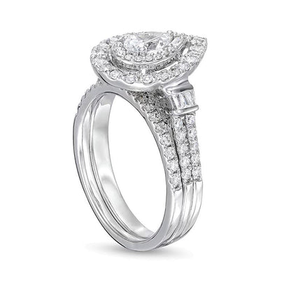 Braut-Set mit Diamanten im Tropfen- und Rundschliff, zweireihig, 1.0 ct. Gesamtgewicht, in 10K Weißgold