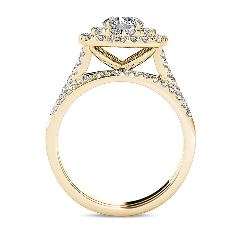 Diamant-Brautset mit doppeltem Kissenschliff-Rahmen und geteiltem Ring in 14K Gelbgold, 2.0 ct. Gesamtgewicht