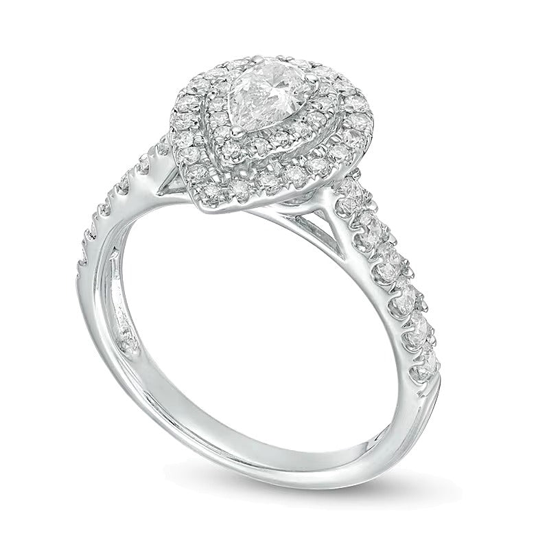 Halo-Verlobungsring mit tropfenförmigem Diamant 1.0 ct. Gesamtgewicht in 14K Weißgold