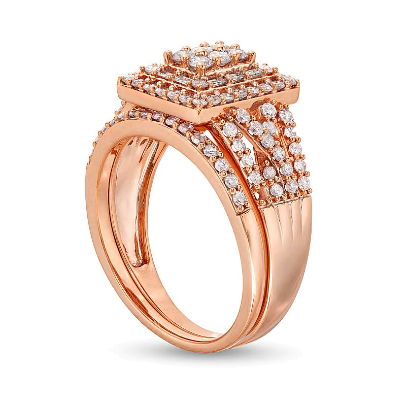 Braut-Set mit 1.0 ct. Gesamtgewicht Diamanten in Rechteck, rund und Baguette, Twist-Split-Shank in 10K Roségold
