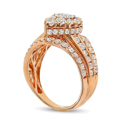 2.0 ct. Gesamtgewicht Verlobungsring mit weißen Diamanten im Tropfen- und Rundschliff, mehrreihige Schiene im Vintage-Stil, 10K Roségold