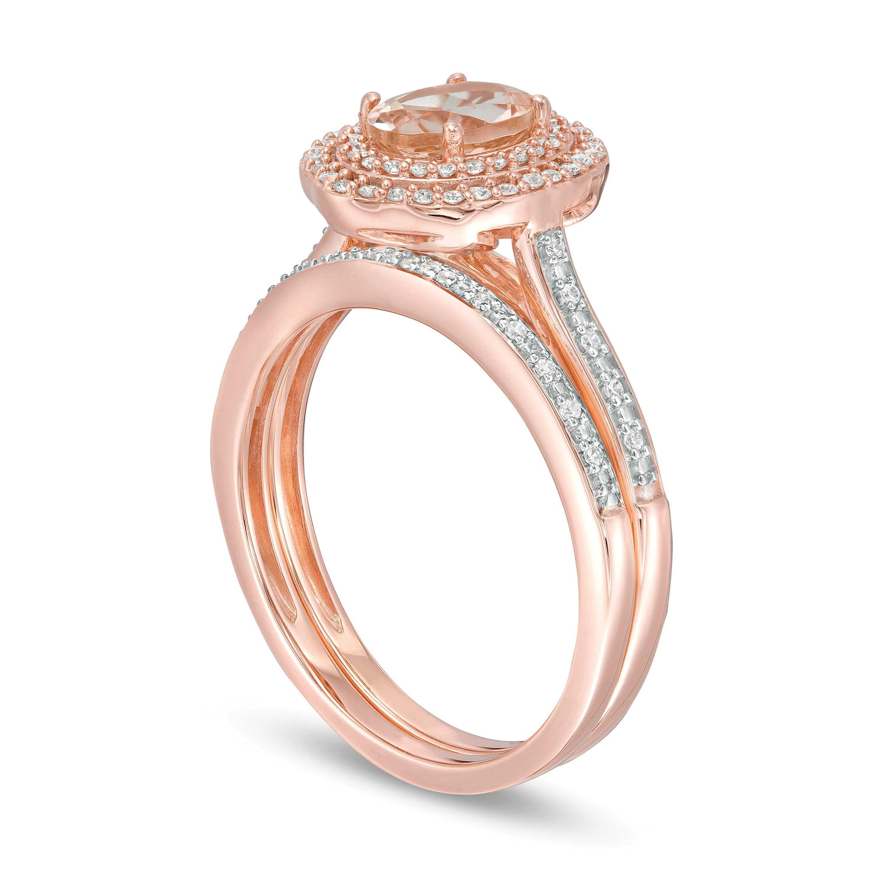 Braut-Set mit ovalem Morganit und 0,25 ct. Gesamtgewicht Diamanten im floralen Double-Frame-Design in 10K Roségold