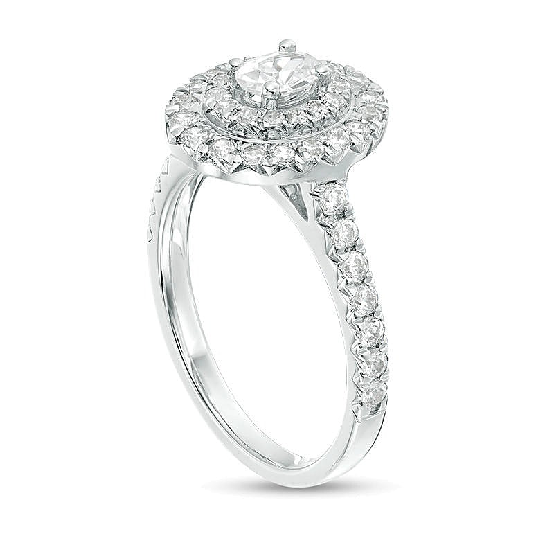 1.0 CT. TW Verlobungsring mit ovalen und runden Diamanten und Doppel-Halo in 14K Weißgold