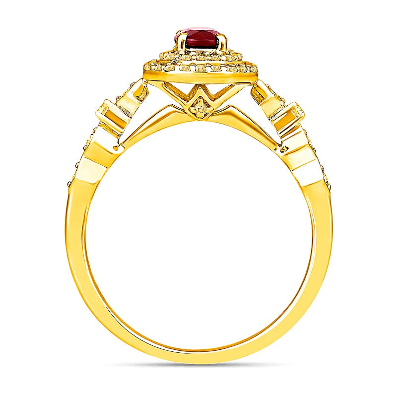 Ring mit ovalem Rubin und 0,33 ct. Gesamtgewicht Diamanten im Art-déco-Stil mit achteckigem Rahmen in 10K Gelbgold für Damen
