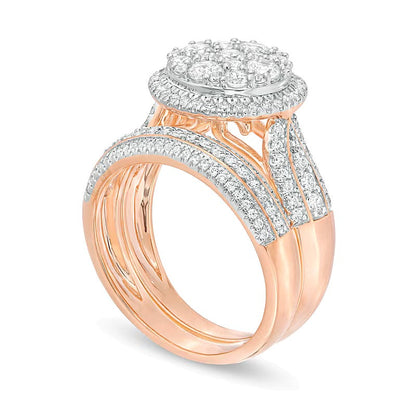 1.5 ct. Gesamtgewicht Komposit-Diamant Brautset mehrreihig mit Rahmen in 10K Roségold