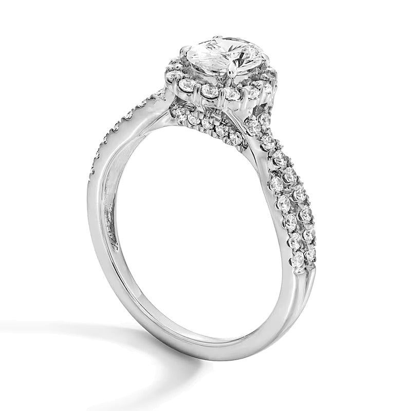 1.0 CT. Gesamtgewicht Verlobungsring mit ovalem Labordiamant und Halo aus Platin (F/SI2)