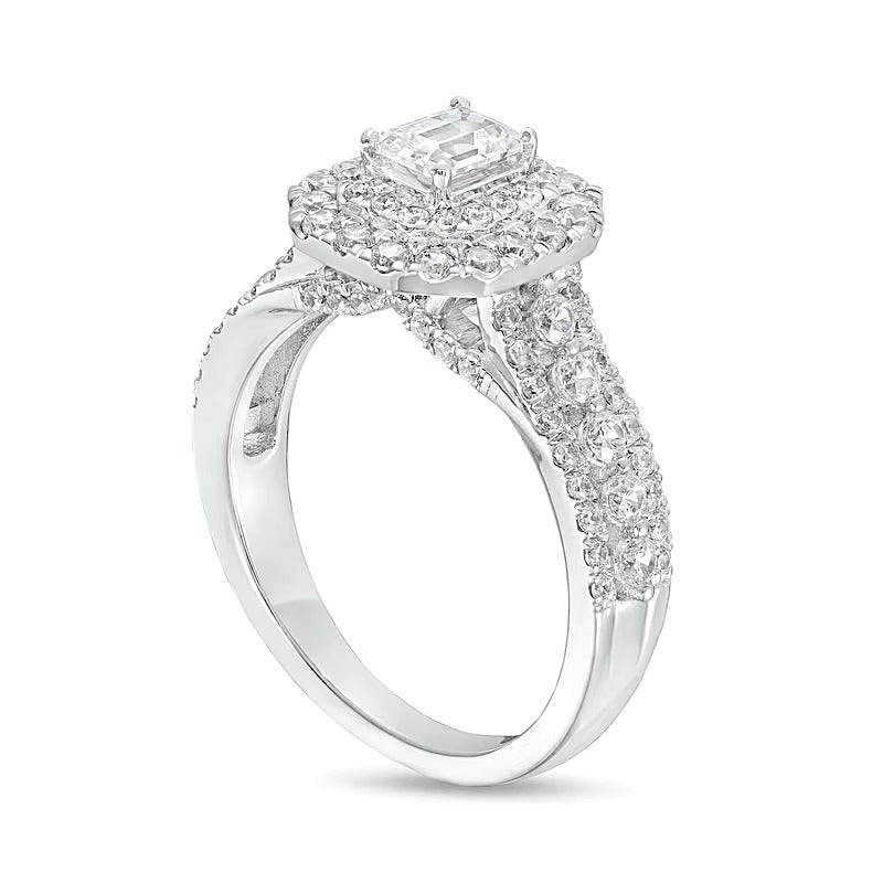 1.5 CT. Gesamtgewicht Labordiamant im Smaragdschliff Halo-Verlobungsring aus 14K Weißgold (F/VS2)