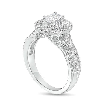 1.5 CT. Gesamtgewicht Labordiamant im Smaragdschliff Halo-Verlobungsring aus 14K Weißgold (F/VS2)