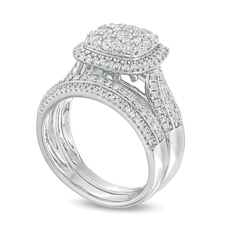 1,5 ct. Gesamtgewicht Komposit-Diamant Brautset mit Kissenschliff-Rahmen, mehrreihig, in 10K Weißgold