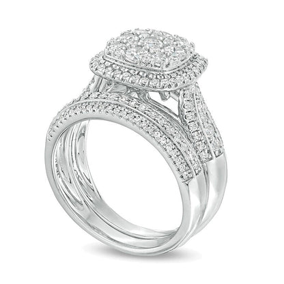 1,5 ct. Gesamtgewicht Komposit-Diamant Brautset mit Kissenschliff-Rahmen, mehrreihig, in 10K Weißgold