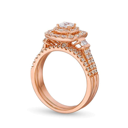 1.0 CT. Gesamtgewicht Braut-Set mit Diamanten im Princess-Schliff und Halo im Kissenschliff, zweireihig, in 10K Roségold