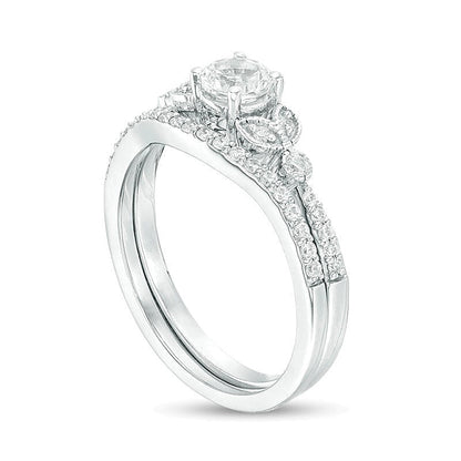 4,5mm im Labor gezüchteter weißer Saphir und Diamant 0,17 ct. Gesamtgewicht Braut-Set im Vintage-Stil mit Blattseiten aus rhodiniertem Sterlingsilber