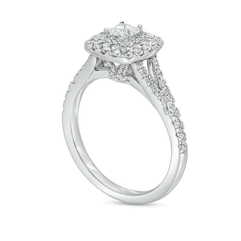 Halo-Verlobungsring mit Diamanten im Princess-, Rund- und Kissenschliff 1.0 ct. Gesamtgewicht in 14K Weißgold
