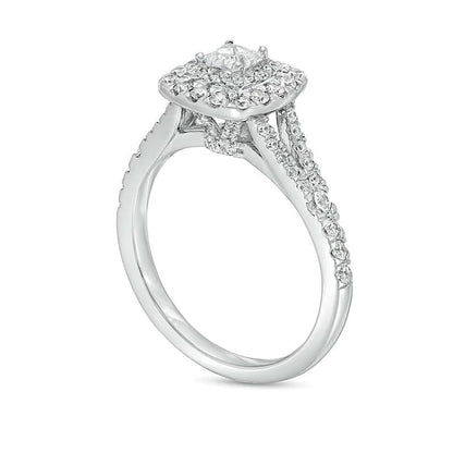 Halo-Verlobungsring mit Diamanten im Princess-, Rund- und Kissenschliff 1.0 ct. Gesamtgewicht in 14K Weißgold