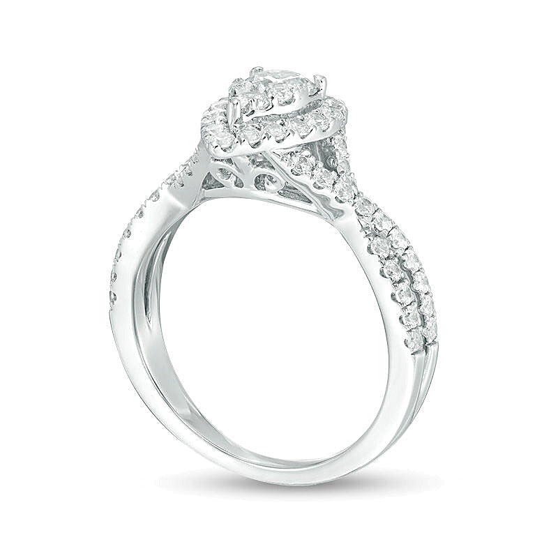 1.25 ct. Gesamtgewicht Komposit-Diamant Verlobungsring tropfenförmig mit Twist-Ring in 14K Weißgold