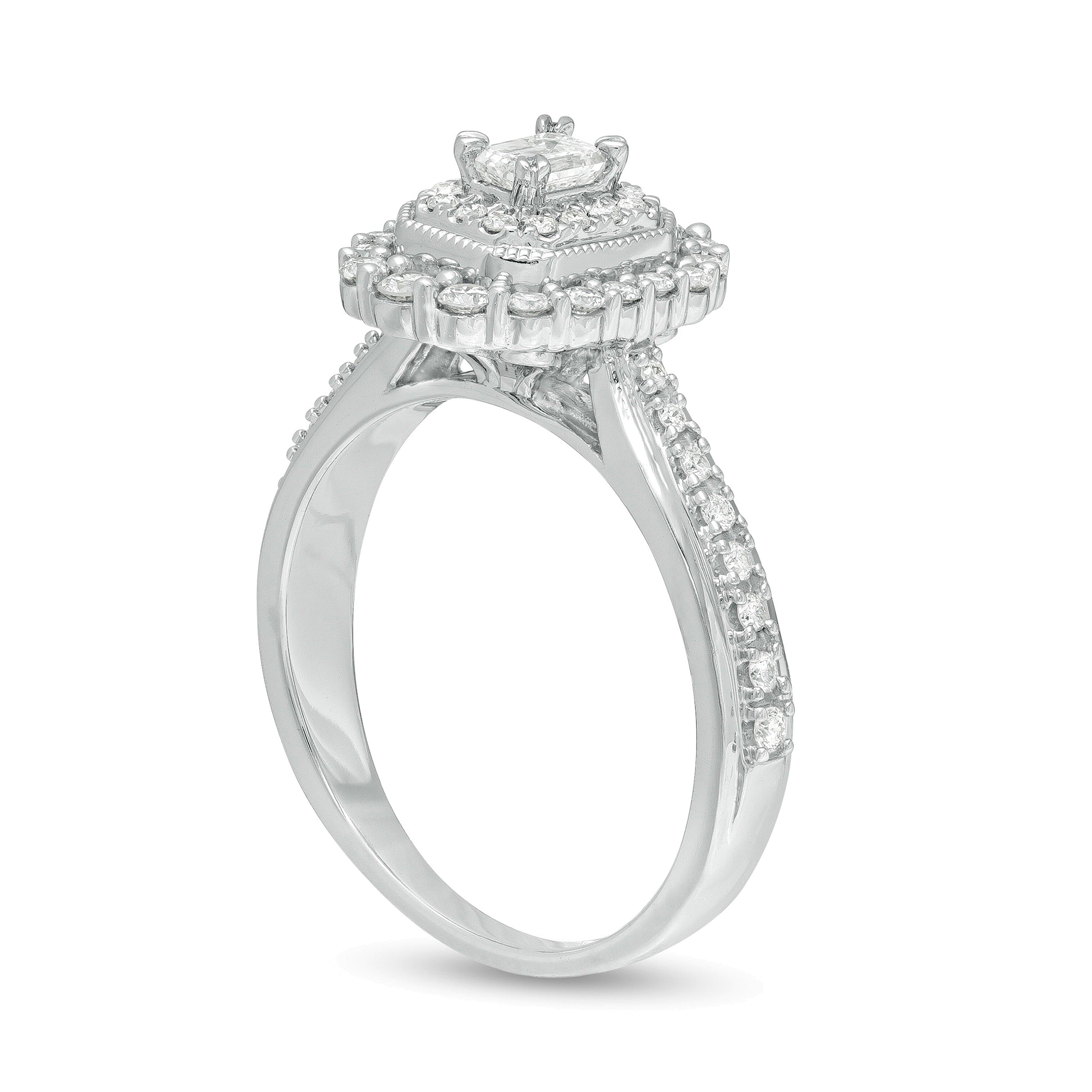 Verlobungsring im Vintage-Stil mit Diamanten im Smaragdschliff 0,63 ct. Gesamtgewicht und doppeltem Halo in 10K Weißgold für Damen