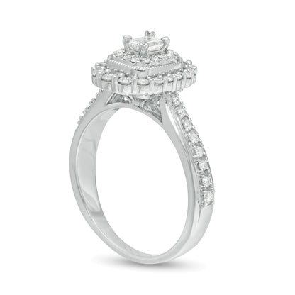 Verlobungsring im Vintage-Stil mit Diamanten im Smaragdschliff 0,63 ct. Gesamtgewicht und doppeltem Halo in 10K Weißgold für Damen