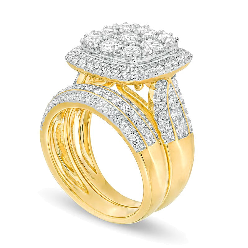 Braut-Set mit Diamanten in rund und Kissenschliff, mehrreihig, 2.5 ct. Gesamtgewicht, 10K Gelbgold