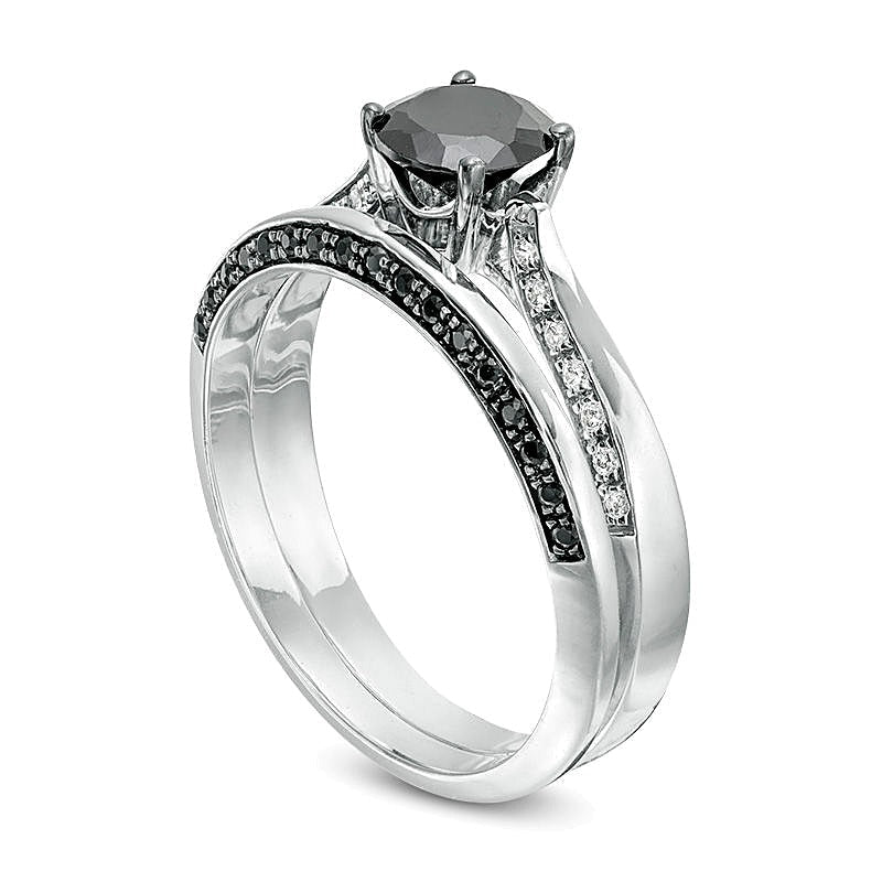 0.88 ct. Gesamtgewicht Brautset mit schwarzen und weißen Diamanten im Solitär-Stil in 10K Weißgold