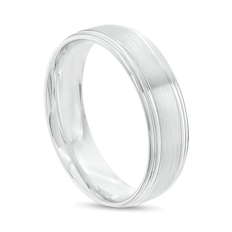 Herren-Ehering 6,0 mm gebürstet mit abgesetzter Kante in 14K Weißgold - Größe 10