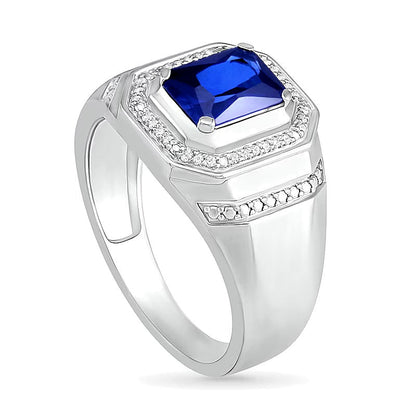 Fashion-Ring mit blauem synthetischem Saphir im Smaragdschliff und 0,1 ct. Gesamtgewicht Diamanten mit achteckigem Rahmen in rhodiniertem Sterlingsilber