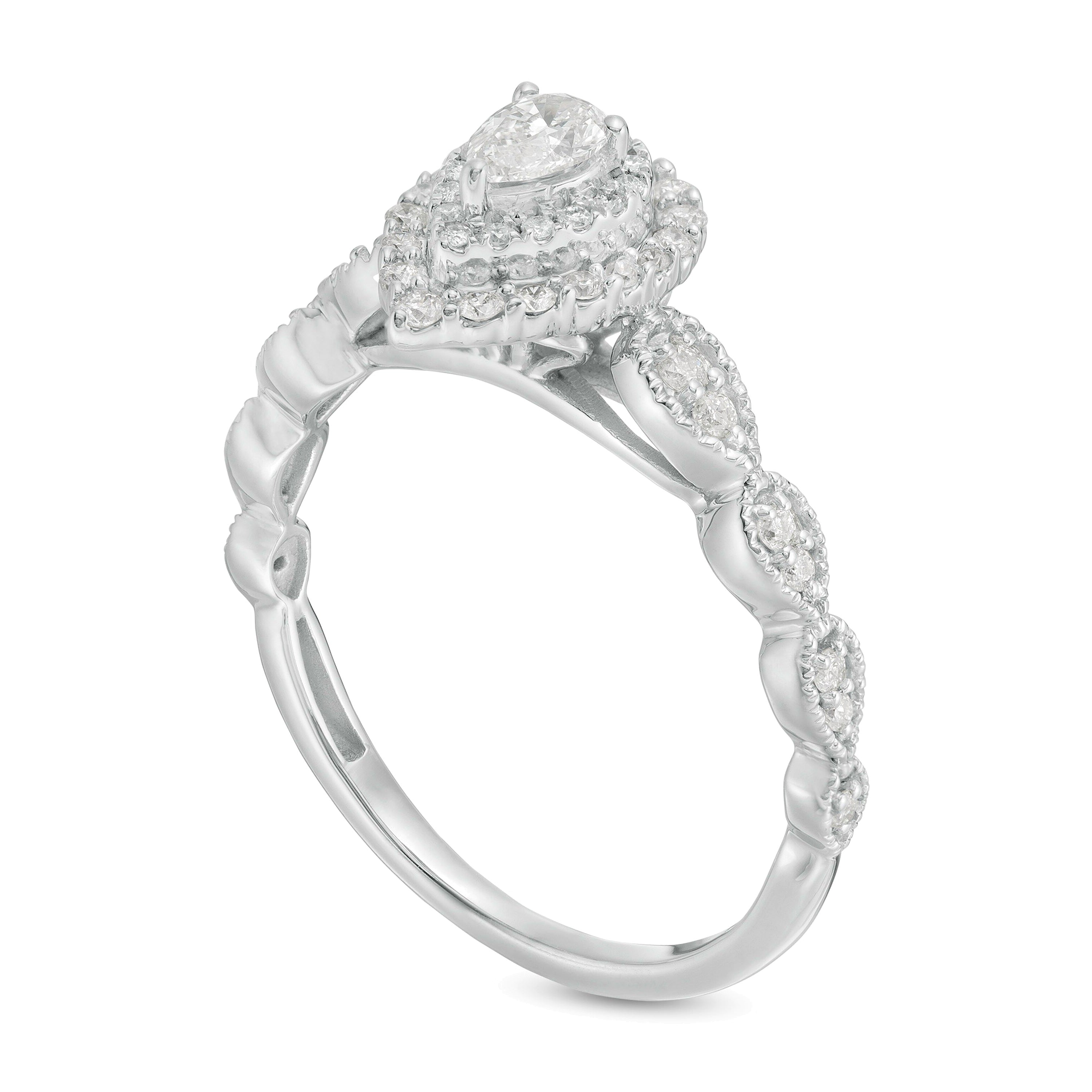 0,38 ct. Gesamtgewicht Verlobungsring mit tropfenförmigem Diamant im Vintage-Stil Art Déco und Halo in 10K Weißgold