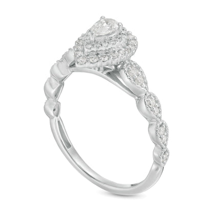 0,38 ct. Gesamtgewicht Verlobungsring mit tropfenförmigem Diamant im Vintage-Stil Art Déco und Halo in 10K Weißgold