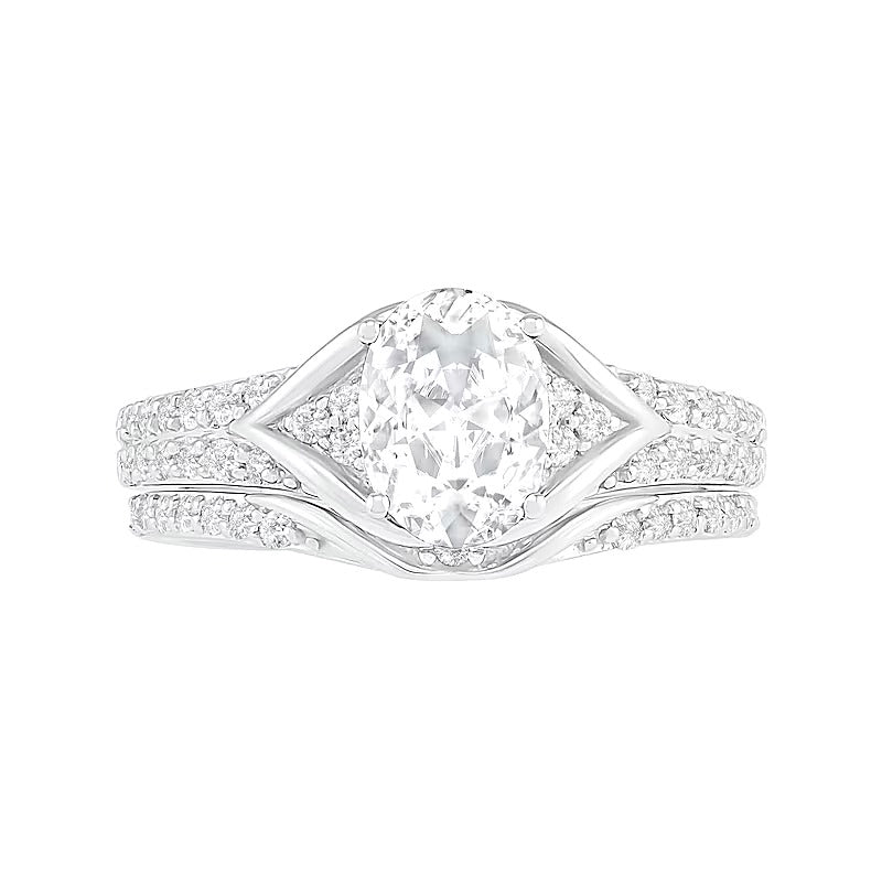 Braut-Set mit ovalem, im Labor gezüchtetem weißem Saphir, mehrreihig, in rhodiniertem Sterlingsilber