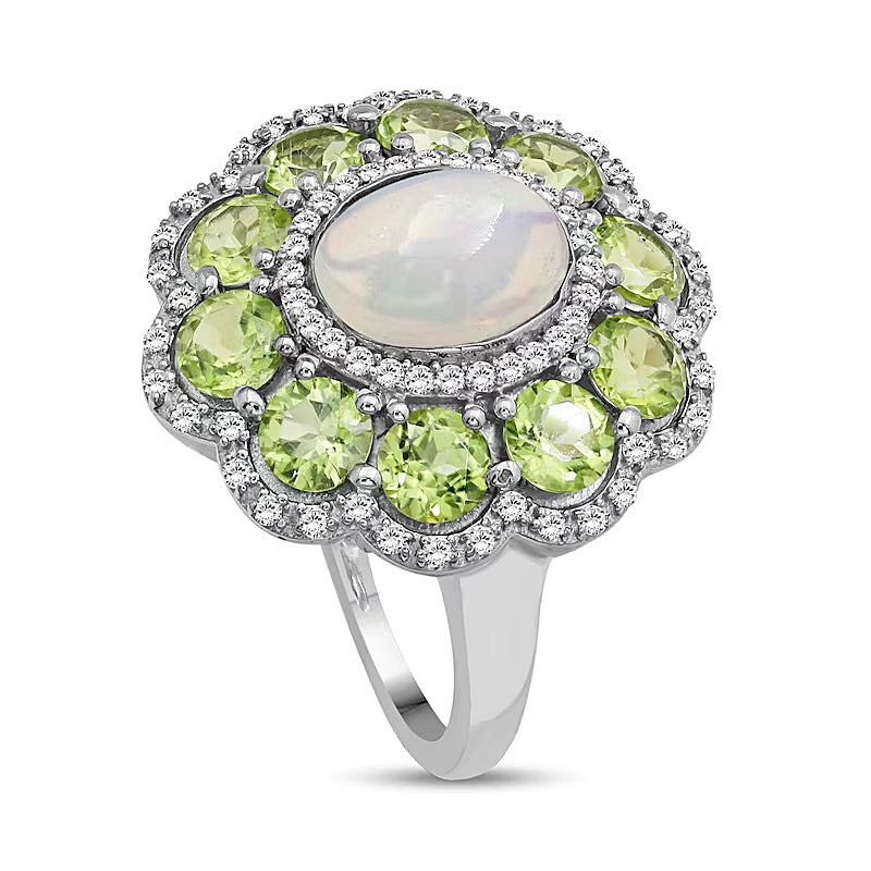 Fashion-Ring mit ovalem Opal und Peridot sowie weißem Labor-Saphir in rhodiniertem Sterlingsilber