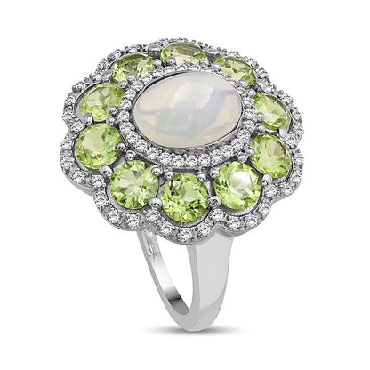 Fashion-Ring mit ovalem Opal und Peridot sowie weißem Labor-Saphir in rhodiniertem Sterlingsilber