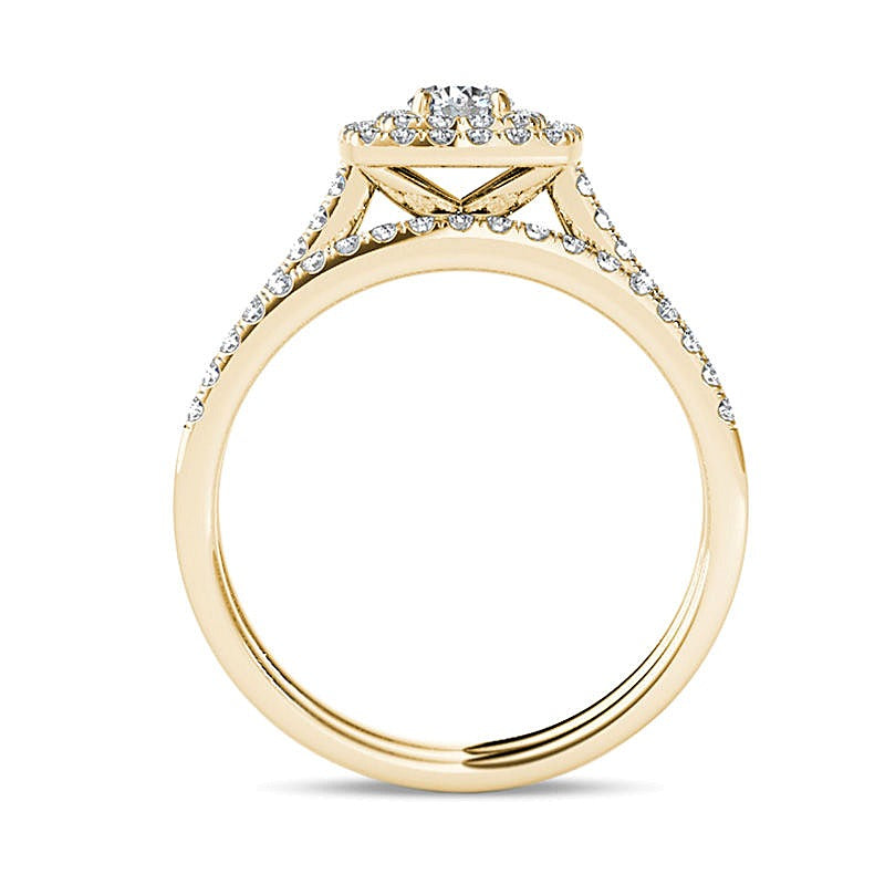 0.75 ct. Gesamtgewicht Diamant Brautset mit doppeltem Kissenschliff-Rahmen in 14K Gelbgold