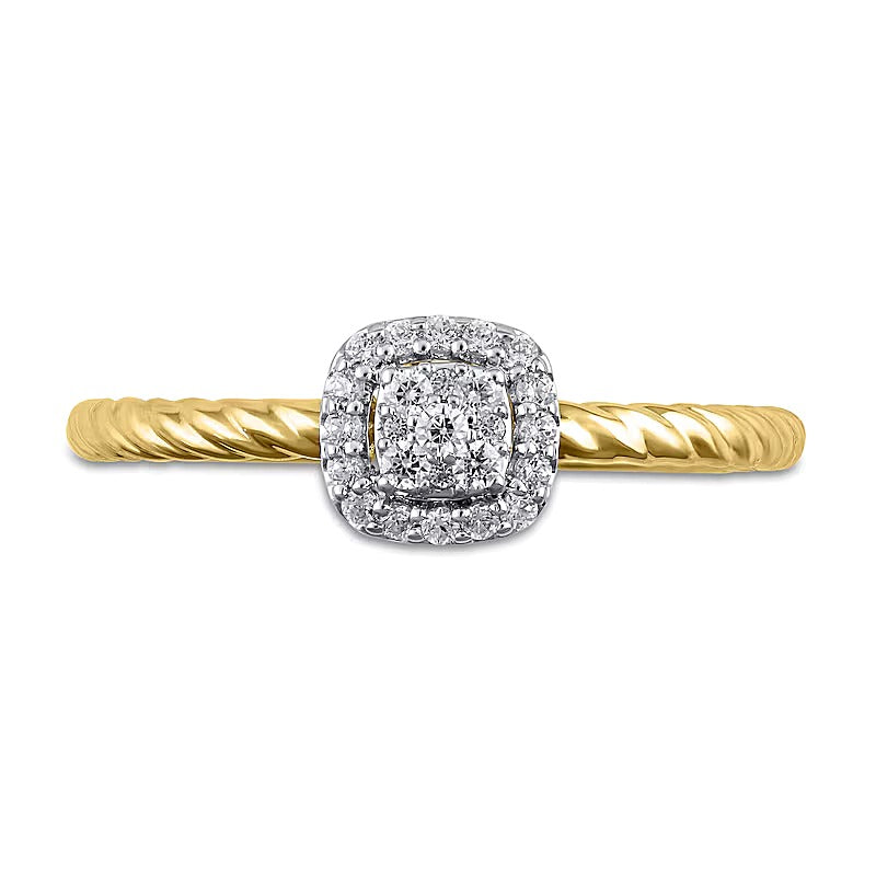 Halo-Ring mit Diamanten im Kissenschliff und runden Diamanten, 0.17 ct. Gesamtgewicht, in 10K Gelbgold