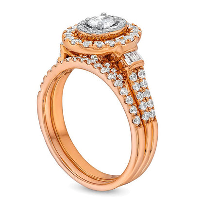 1.0 CT. Gesamtgewicht Brautset mit ovalen Diamanten und Doppelreihe in 10K Roségold