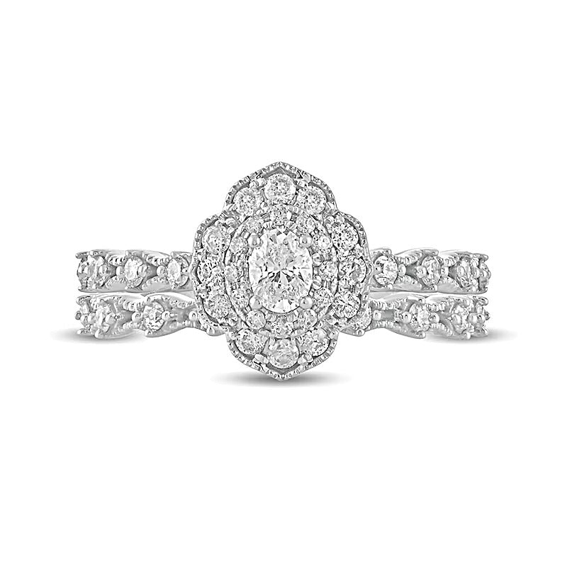 0,63 ct. Gesamtgewicht Braut-Set mit ovalem Diamant im Vintage-Stil in 10K Weißgold