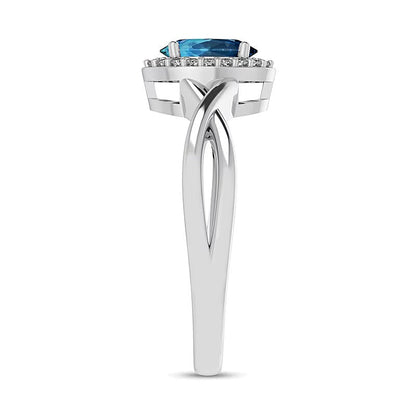 Ring mit ovalem Swiss Blue Topas und 0,07 ct. Gesamtgewicht Diamanten mit Rahmen und Crossover-Schiene in 10K Weißgold