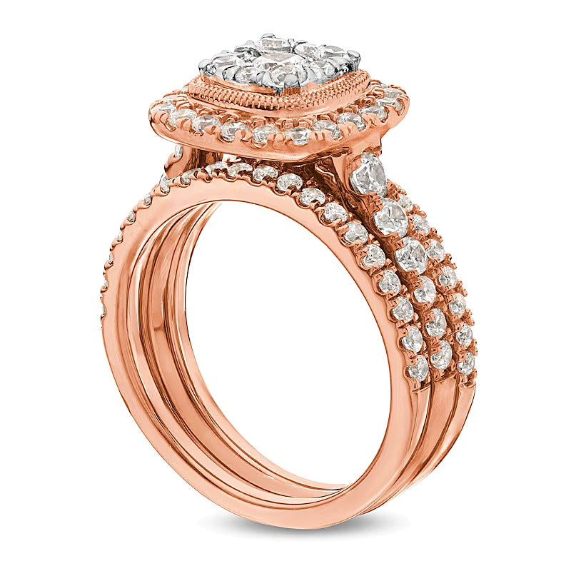 Braut-Set mit Diamanten im Kissenschliff und rund, 1.5 ct. Gesamtgewicht, in 10K Roségold