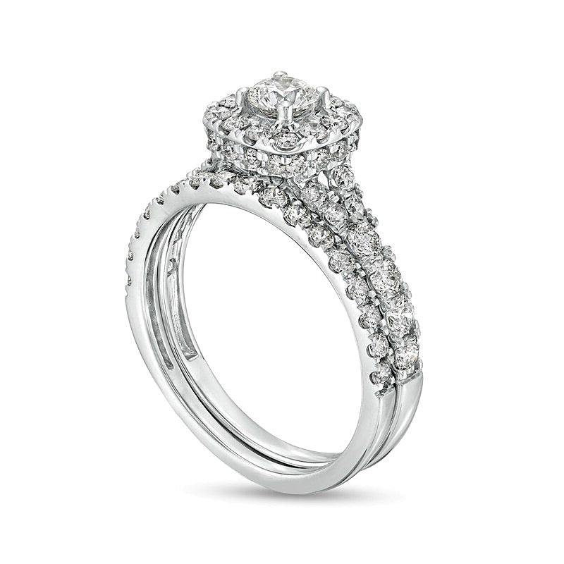 1.5 ct. Gesamtgewicht Diamant Brautset mit Kissenschliff-Halo und geteilter Schiene in 10K Weißgold