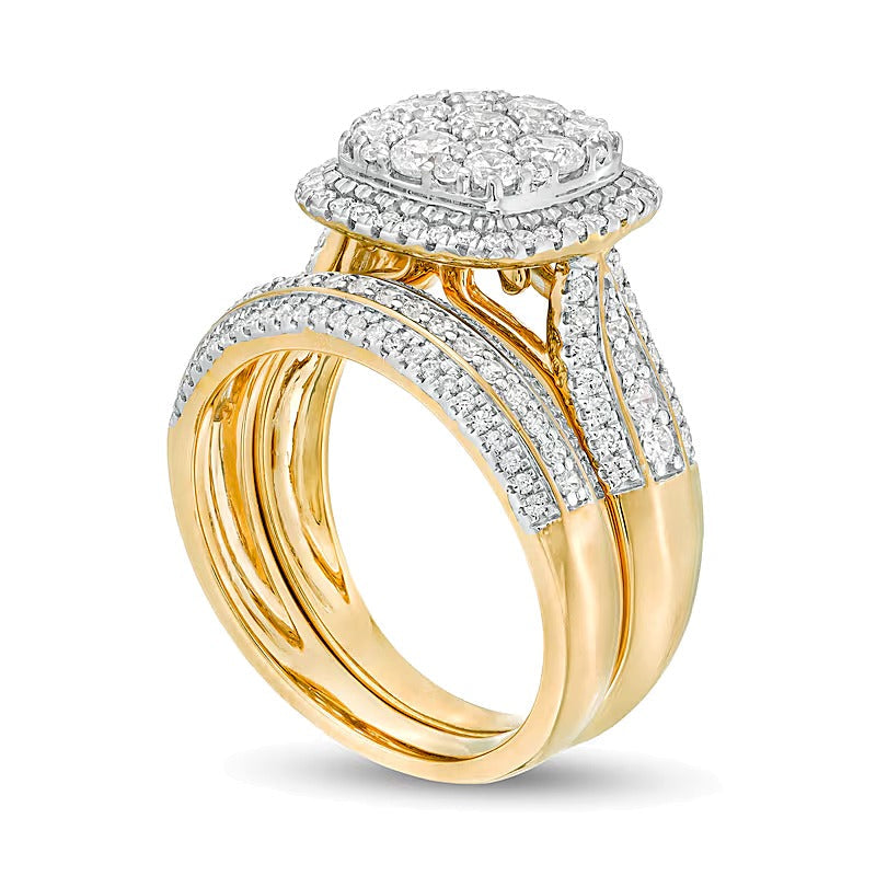 Brautset mit Komposit-Diamanten, Kissenschliff-Rahmen, mehrreihig, 1.5 CT. Gesamtgewicht in 10K Gelbgold