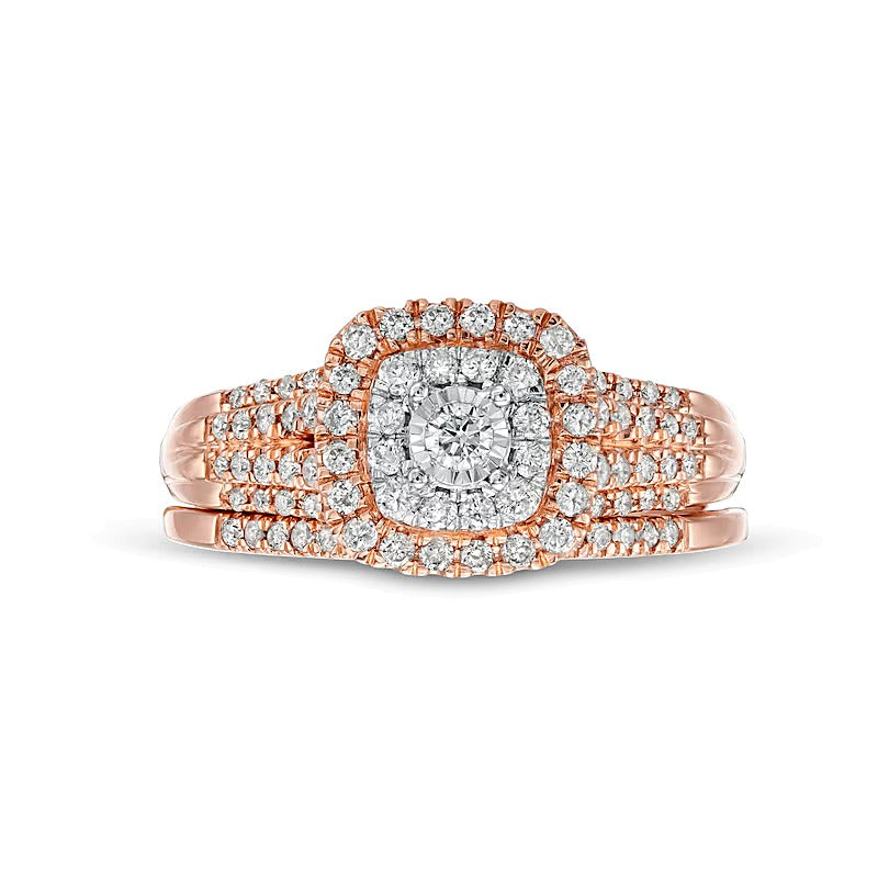 Diamant-Brautset 0.5 CT. Gesamtgewicht mit doppeltem Halo im Kissenschliff, mehrreihig, in 10K Roségold