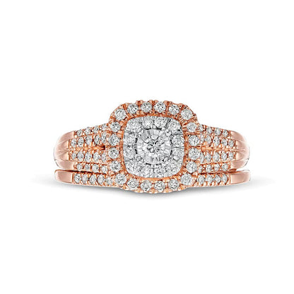 Diamant-Brautset 0.5 CT. Gesamtgewicht mit doppeltem Halo im Kissenschliff, mehrreihig, in 10K Roségold