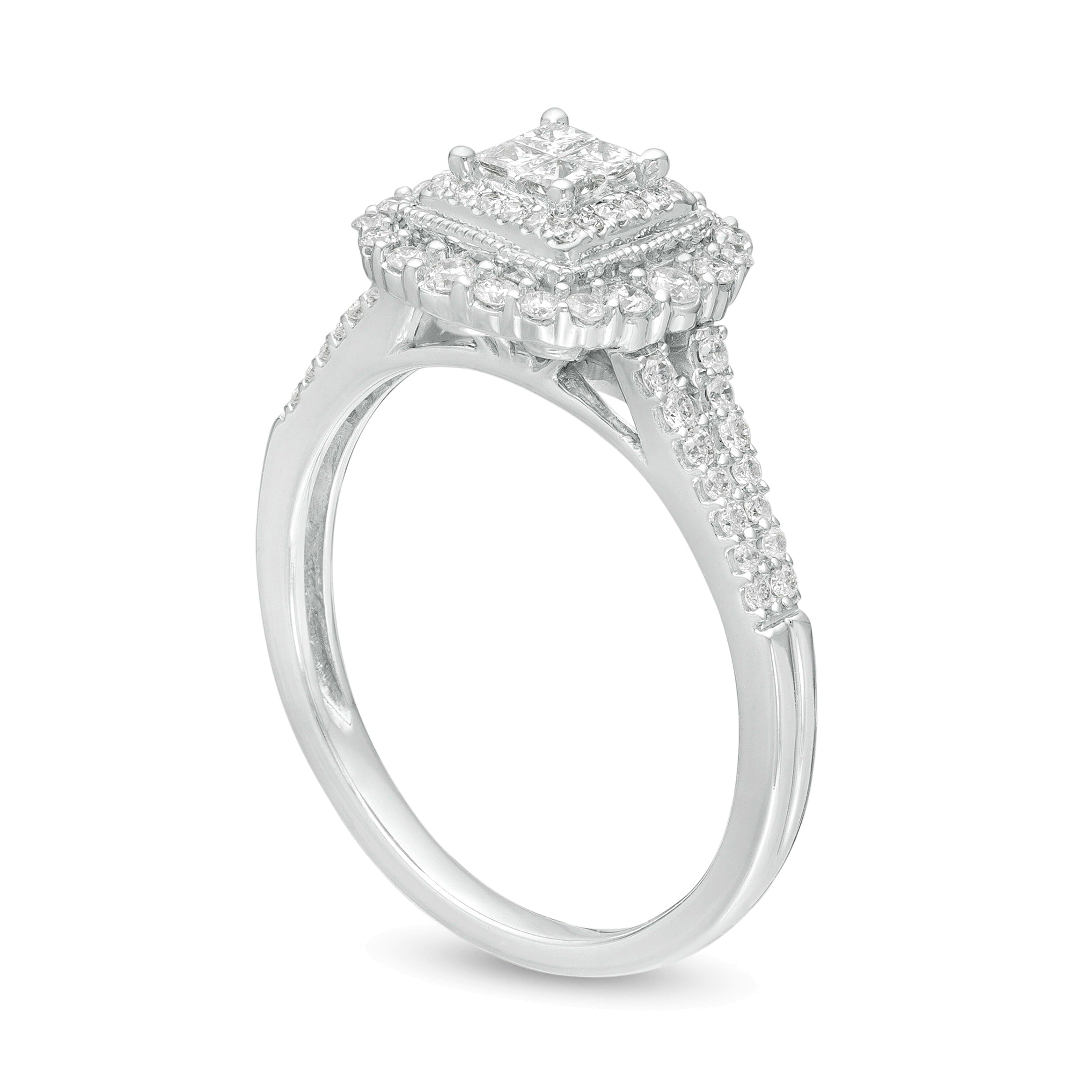 Halo-Verlobungsring im Vintage-Stil mit Diamanten im Princess-, Rund- und Quadratschliff 0.5 ct. Gesamtgewicht in 10K Weißgold