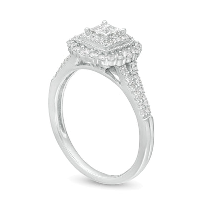 Halo-Verlobungsring im Vintage-Stil mit Diamanten im Princess-, Rund- und Quadratschliff 0.5 ct. Gesamtgewicht in 10K Weißgold