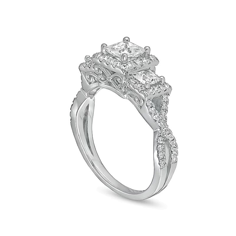 Dreistein-Verlobungsring mit Diamanten im Princess- und Rundschliff 1.5 ct. Gesamtgewicht in 14K Weißgold