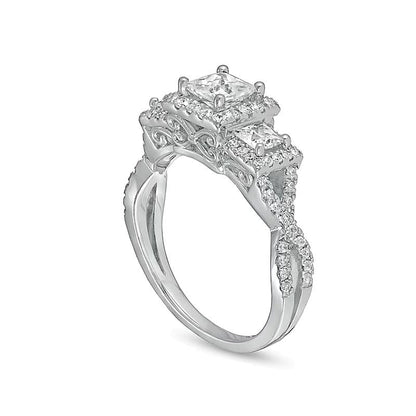 Dreistein-Verlobungsring mit Diamanten im Princess- und Rundschliff 1.5 ct. Gesamtgewicht in 14K Weißgold