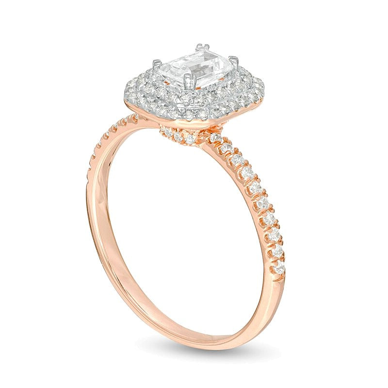 0,75 ct. Gesamtgewicht Verlobungsring mit weißen Diamanten im Smaragdschliff und doppeltem Halo in 14K Roségold