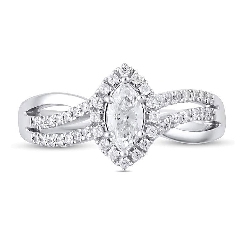 0,75 ct. Gesamtgewicht Halo-Verlobungsring mit Diamanten im Marquise- und Rundschliff in 14K Weißgold