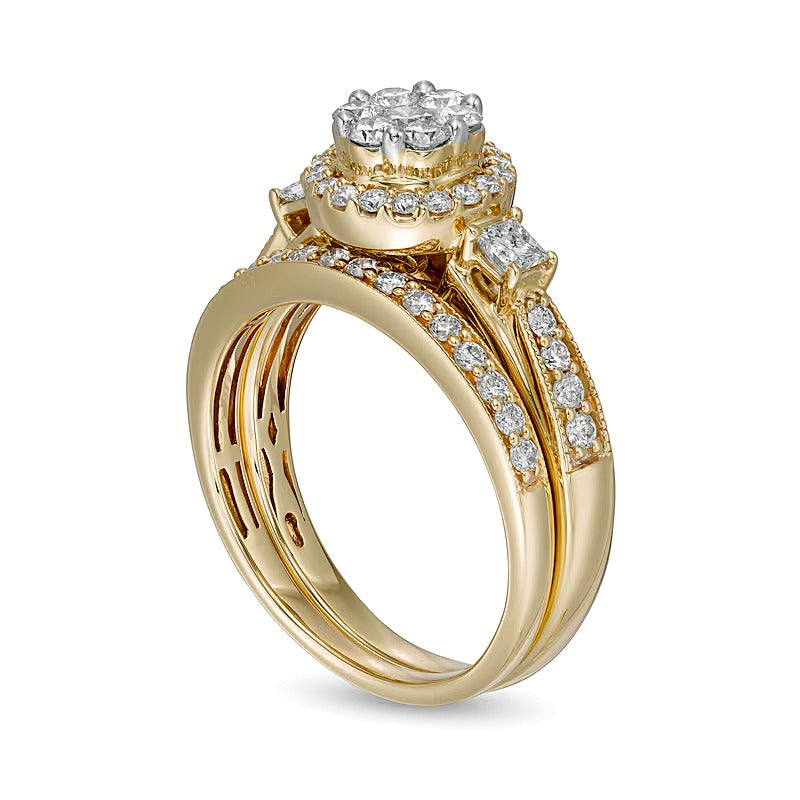 Braut-Set mit weißen Diamanten im Vintage-Stil, 1.0 ct. Gesamtgewicht, 10K Gelbgold
