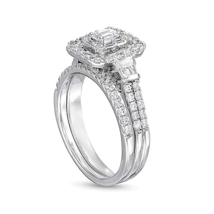 Braut-Set mit Diamanten im Smaragdschliff, zweireihig, 1.0 ct. Gesamtgewicht, in 10K Weißgold