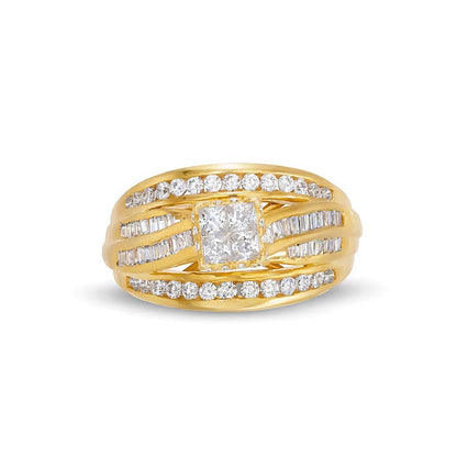 1.0 ct. Gesamtgewicht Verlobungsring mit Diamanten im Princess- und Rundschliff, Bypass mit doppelter Reihe, in 10K Gelbgold