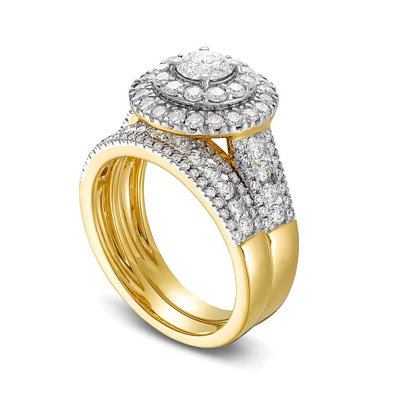 2.0 ct. Gesamtgewicht Diamant-Brautset mit doppeltem Rahmen und dreireihigem Design in 10K Gelbgold